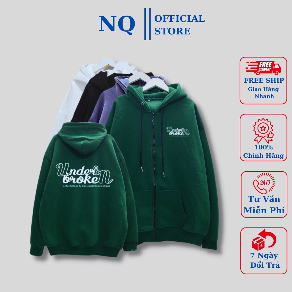 Áo khoác nỉ hoodie có khóa form rộng nam nữ unisex có khóa họa tiết in chữ UNDER.BROKEN . chất đẹp giá xưởng