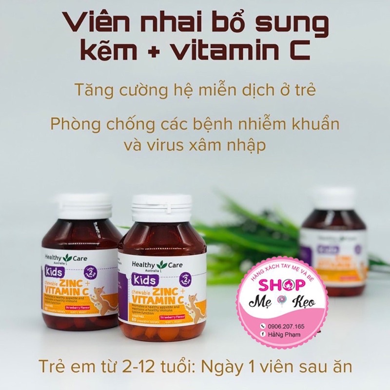 {Mẫu Mới} Viên nhai kẽm cho bé Healthy Care Zinc + Vitamin C 60v giúp trẻ tăng đề kháng hỗ trợ ăn ngon từ 2 -12 tuổi