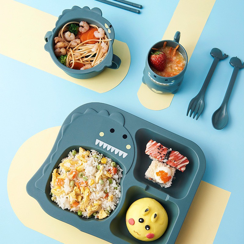 BỘ BÁT ĂN DẶM LÚA MẠCH 6 MÓN DỄ THƯƠNG CHO BÉ (1 khay ăn + 1 bát đựng + 1 cốc + 1 đôi đũa + 1 thìa + 1 dĩa) | BigBuy360 - bigbuy360.vn