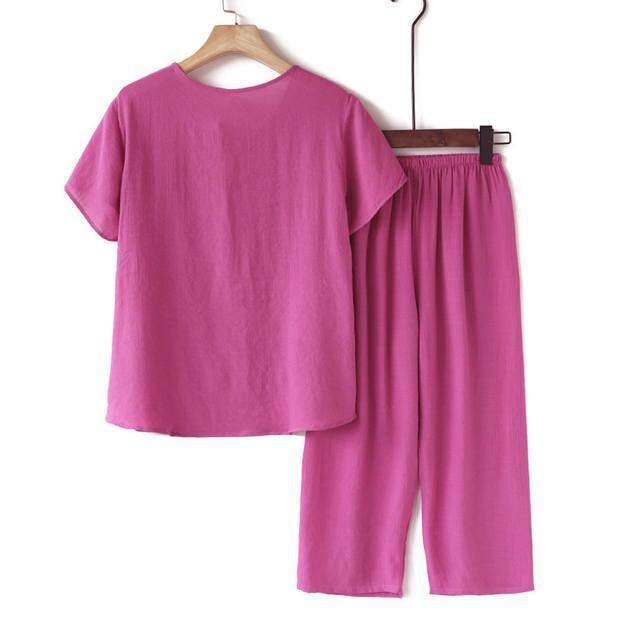 Set quần áo vải lanh cotton mùa hè dành cho phụ nữ trung niên tùy chọn màu sắc