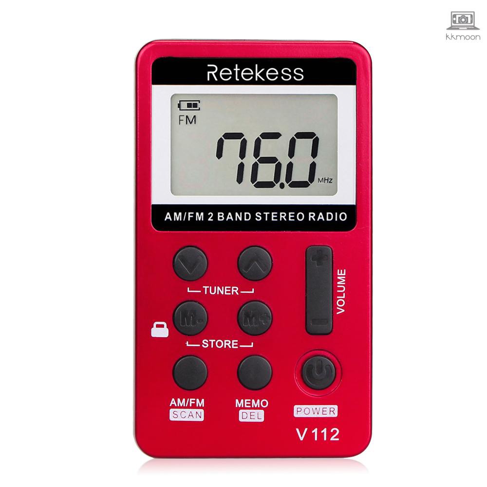 Retekess V-112 Portable AM/ FM Stereo Radio Pocket 2 Band Digital Tuning Radio Mini Receiver Outdoor Radio w/ Earphone Lanyard 1.5 Inch LCD Display Screen 500mAh Battery