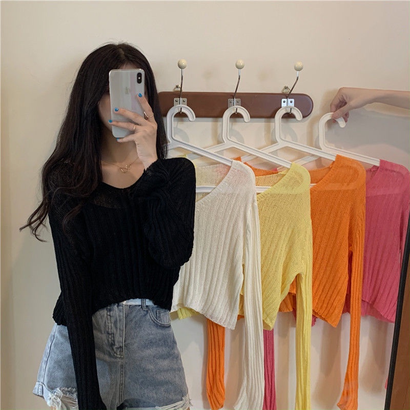 Jiashucheng Áo Len Tay Dài Cổ Chữ V Màu Sắc Kẹo Ngọt Phong Cách Hàn Quốc Dễ Phối Đồ Cho Nữ