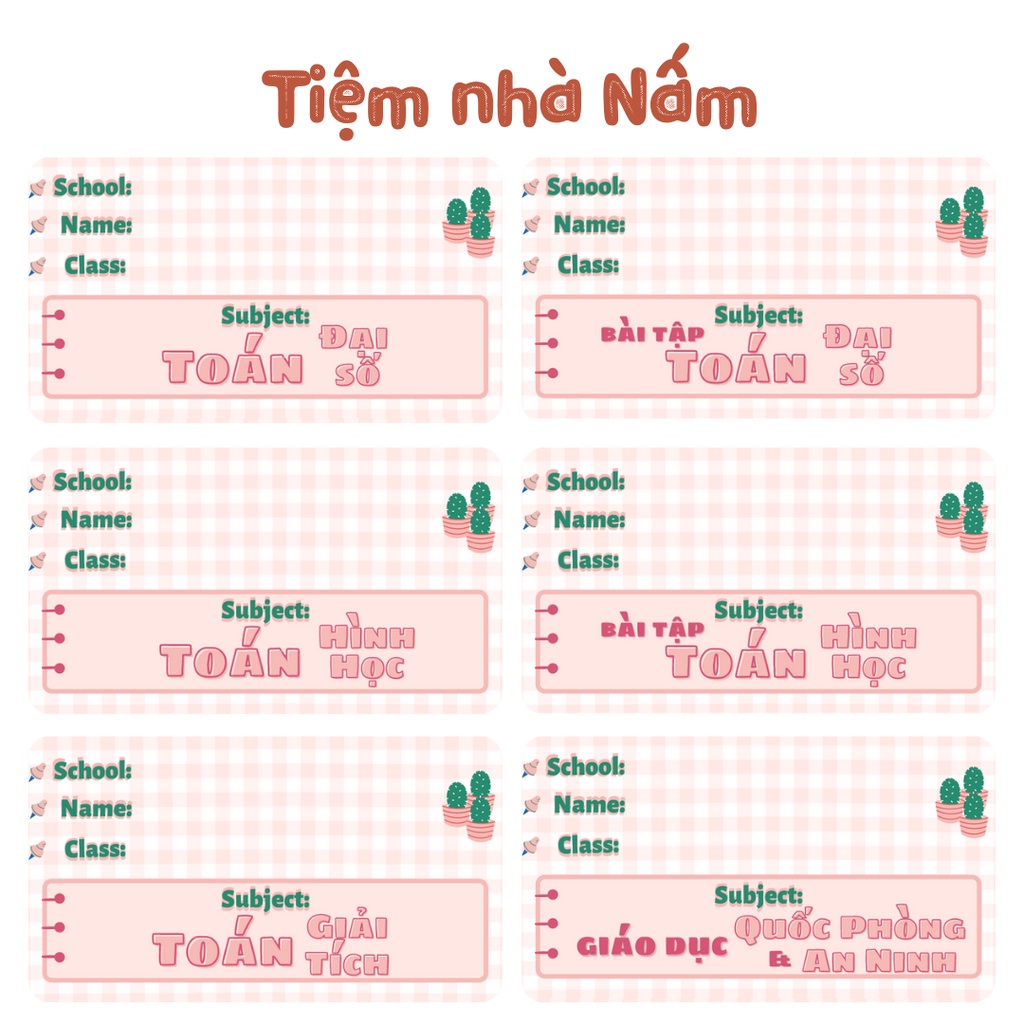 Combo Nhãn Vở Thiết Kế Theo Tên Môn Học, Caro Hồng