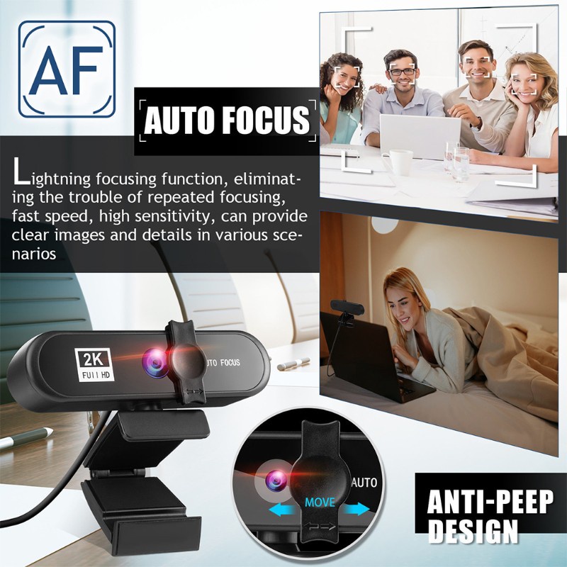 Utake 2K Webcam Full 1080P Web Camera Auto Focus Lens With Microphone Privacy Cover