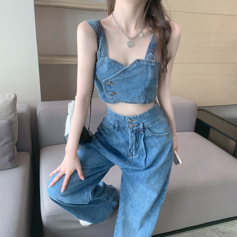 Set áo yếm denim 2 dây+quần baggy cạp cao phong cách trẻ trung, năng động