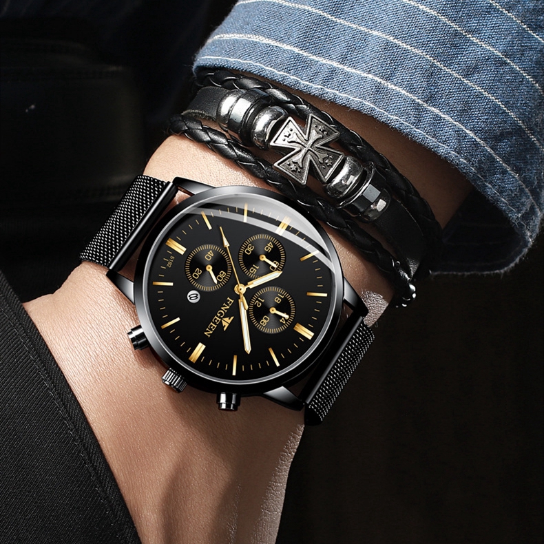 Đồng Hồ Quartz Fngeen 5128w Thiết Kế Dây Đeo Họa Tiết Lưới Cho Nam