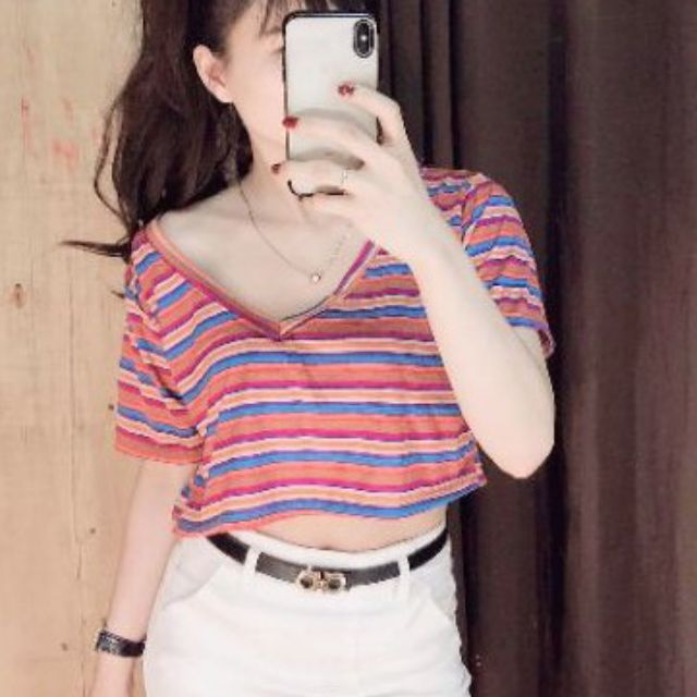 ÁO CROPTOP BASIC CỔ TIM FORM RỘNG CHẤT MÁT LỊM LaCa Store E10-1, áo cổ v form lớn