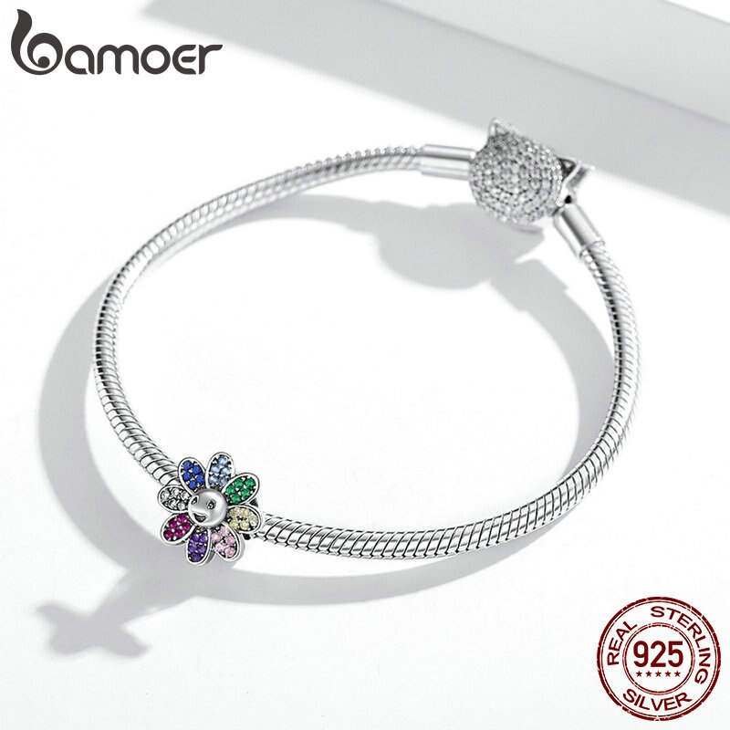 Hạt xỏ trang sức BAMOER SCC1701 bạc 925 hình hoa hướng dương cho vòng đeo tay 3mm