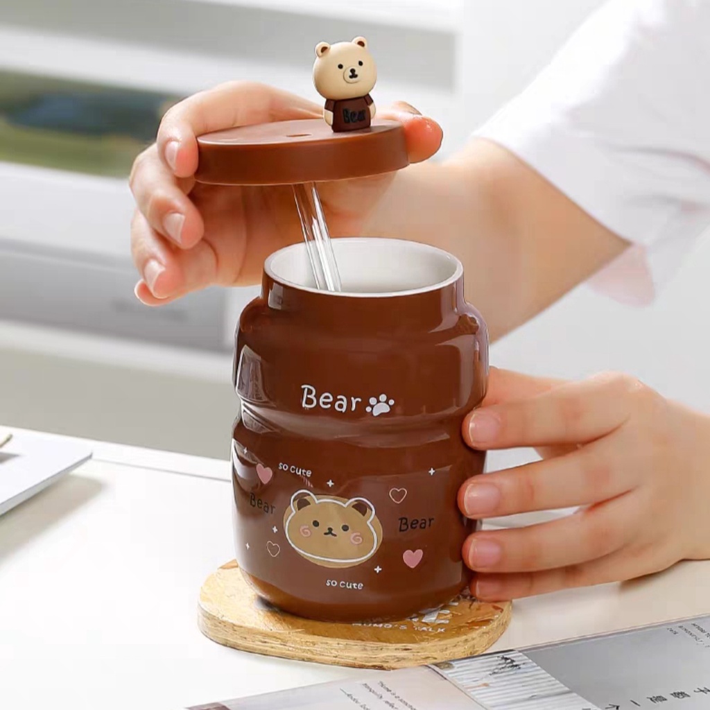 [Hàng sẵn] Ly Gốm, Cốc gốm sứ hình Gấu dung tích 500ml, Kiểu dáng tùy chọn, có nắp chắn tránh đổ nước, Glass, Cup Bear