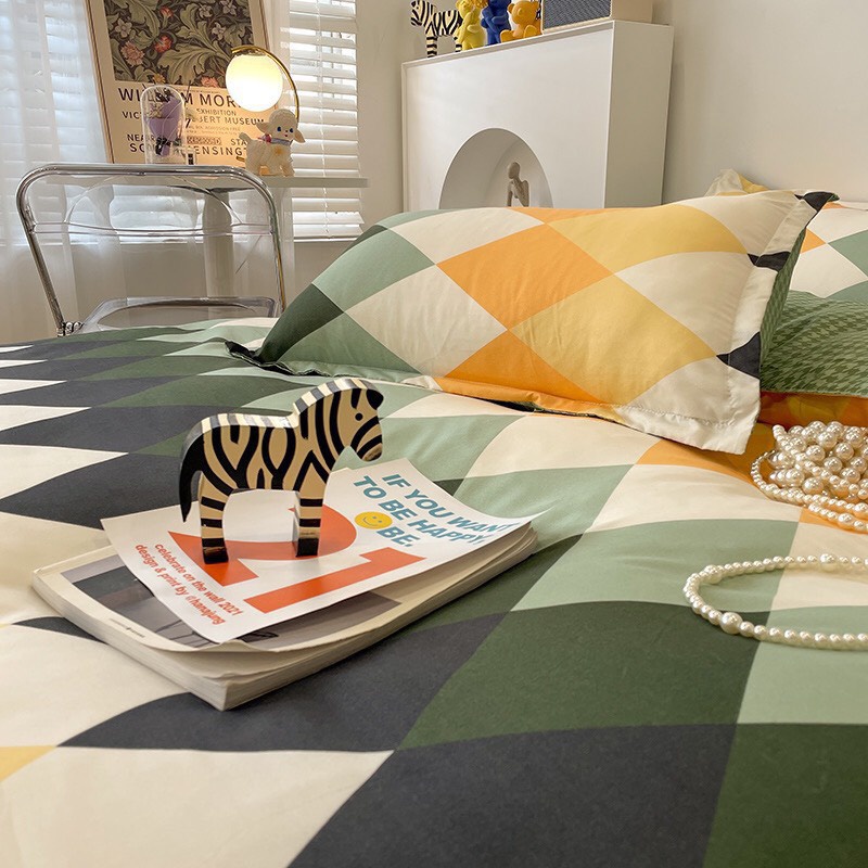 Bộ chăn ga gối Cotton Poly M2T Bedding, vỏ chăn mền, drap ga giường và 2 vỏ gối - PL ZZZ vàng xanh | BigBuy360 - bigbuy360.vn