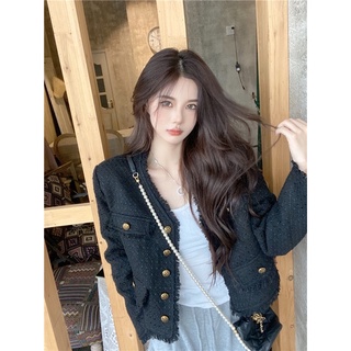 Áo dạ tweed đen cổ V (ORDER)