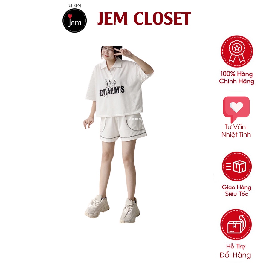 Áo Polo Croptop Nữ Tay Ngắn Form Rộng Có Họa Tiết Chữ Trước Ngực Charn Cổ Trụ 3 Màu Basic- 10058 (JemCloset)