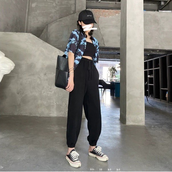 Quần jogger nữ ống rộng dây rút bo gấu có túi chất da cá dày thu đông màu đen xám - Quần nỉ nữ ống bo gấu dáng suông dài