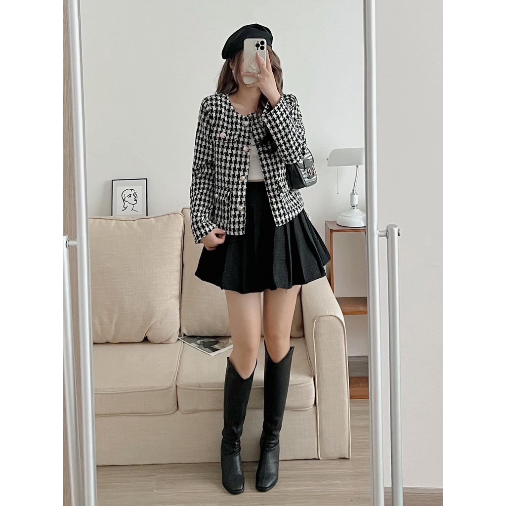 Áo khoác dạ 2 lớp  tweed túi giả kẻ caro 2 màu basic kiểu dáng Hàn Quốc
