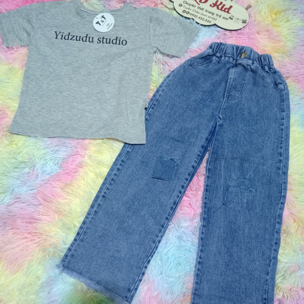 Set Quần Jean Suông Áo Thun Dài Tay Cho Bé Gái 25-35kg - Set Quần Bò Áo Cotton Co Dãn Mềm-Cá Tính - N&D Kids