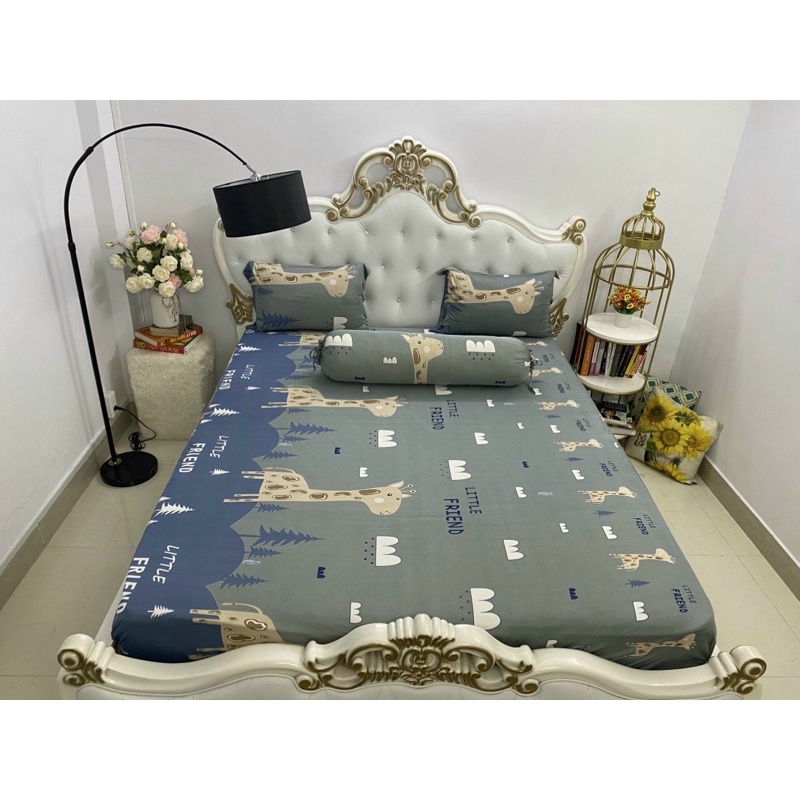 Bộ drap thun lạnh- ga thun trải giường Hàn Quốc mẫu hươu cao cổ ( 1 ga,3 vỏ gối)