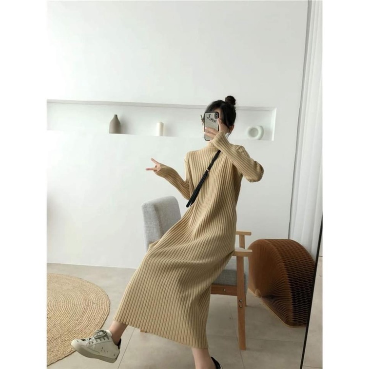Váy len tay bo chun cổ tròn Đầm dáng dài chất len tăm 4 màu siêu ấm