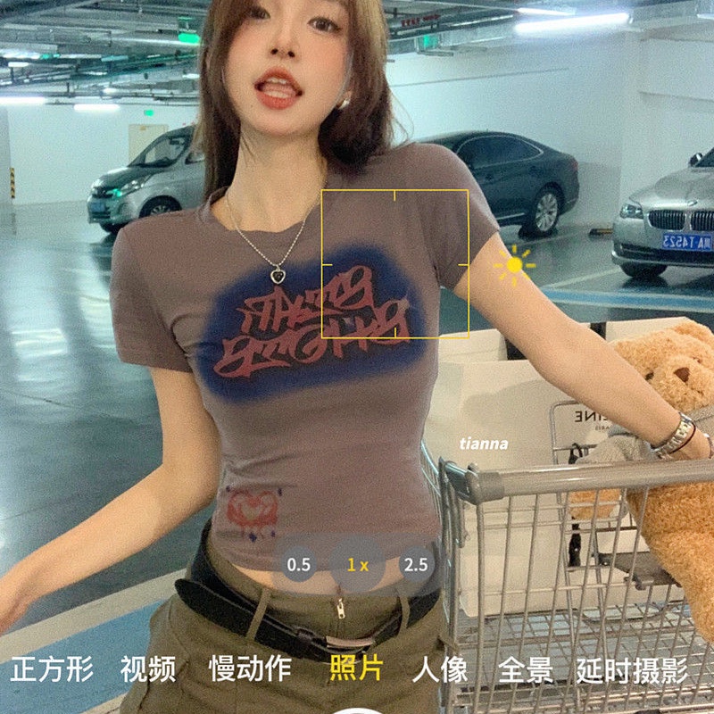 Áo Thun COZOK Ngắn Tay Dáng Ôm In Họa Tiết Kiểu Vintage Xinh Xắn