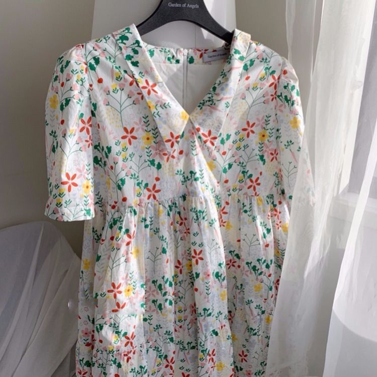 Đầm dài cổ búp bê dáng rộng họa tiết hoa thời trang cho nữ