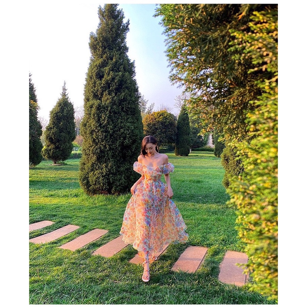 Đầm hoa rớt vai đan dây sống ảo hết sức sang chảnh HAKIEU