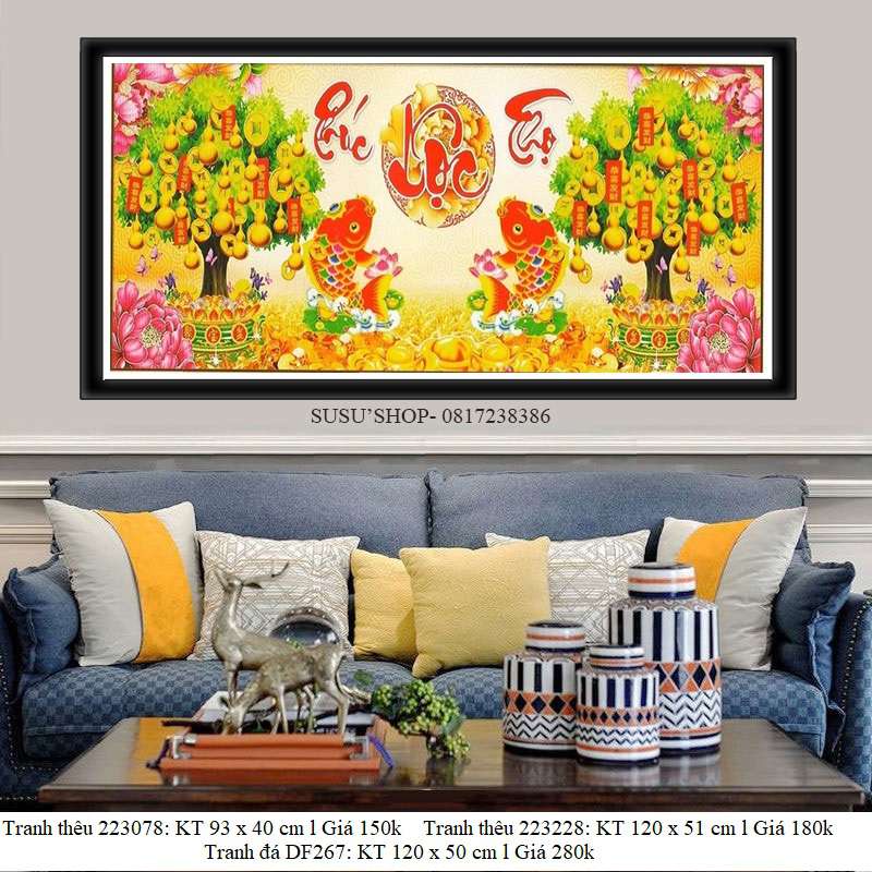 Tranh Đính Đá ABC ( Giá sỉ) Phúc Lộc Thọ DF267 (120X50CM); tranh thêu 223078 ( 93x40cm); thêu 223228 ( 120x 51cm)
