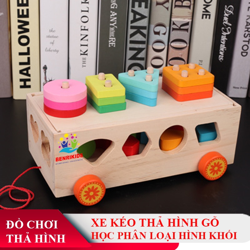 Đồ Chơi Xe Kéo Thả Hình Khối Nhiều Màu Sắc Giáo Cụ Montessori Luyện Trí Thông Minh Của Bé Yêu