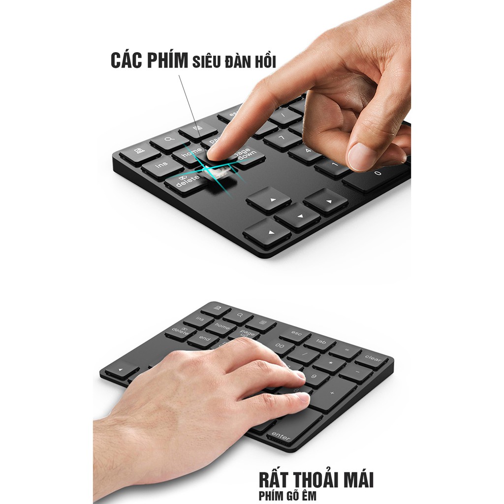 Bàn phím số không dây Wireless 2.4G, cho Laptop 35 phím, thêm các phím chức năng, Pin sạc, phím êm Minh House