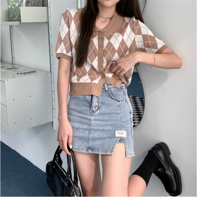 Áo len cổ Polo caro quả trám siêu xinh ALE04