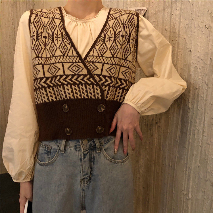 Áo Gile Women's Korean V-neck Knit Waistcoat Sweater Slim Wear Short Waistcoat Jacket