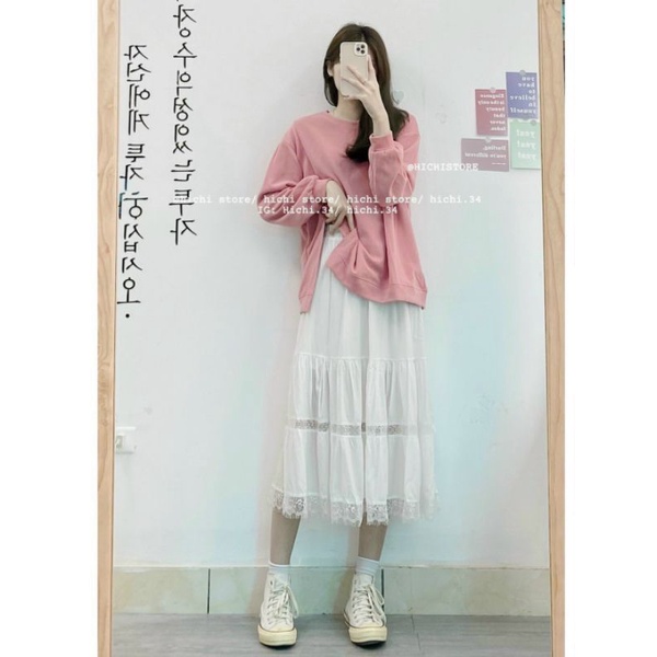 Chân váy midi xoè tầng phối ren vintage tiểu thư