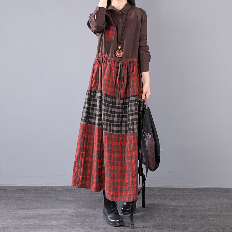 Đầm Sơ Mi Cotton Lanh Tay Dài Dáng Rộng Kẻ Sọc Caro Kiểu Retro Xinh Xắn Cho Nữ