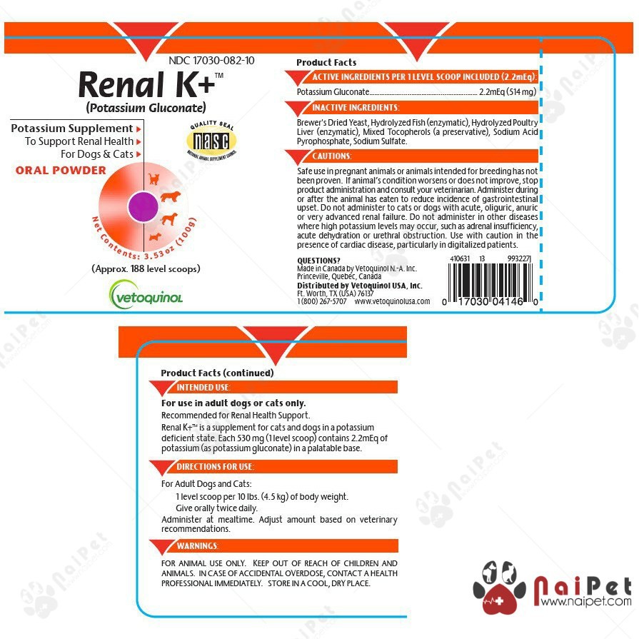 Gel Bổ Sung Kali Hỗ Trợ Bảo Vệ Thận Cho Chó Mèo Renal K+ Vetoquinol Tuýp 142g