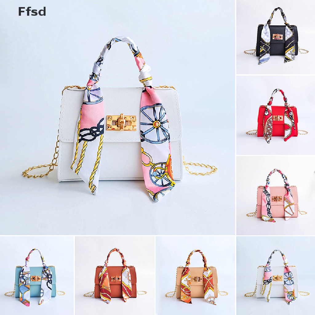 {Ffsd} Túi Xách Da PU Hình Vuông Nhỏ Nhắn Có Khóa Dây Lụa Thắt Nơ