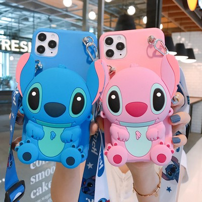 Samsung S8 S8PLUS S9 S9PLUS S10 S10PLUS S7edge S21Ultra S21+ A12 A42 5G A6 A8 3D cartoon Stitch Wallet mobile phone shell Lovely silicone wallet with hanging rope mobile phone protective case Small backpack mobile phone anti falling shell