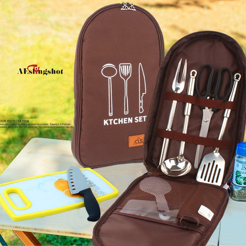 Bộ dụng cụ nấu ăn dã ngoại có túi đựng tiện lợi - Bộ dụng cụ nấu ăn 8 món dùng khi đi du lịch, dã ngoại [DCP5]