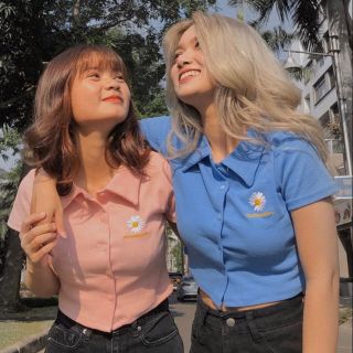 Áo croptop polo thêu hoa cúc ( hàng loại 1)