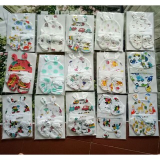 Bộ nón bao tay bao chân baby in họa tiết dễ thương