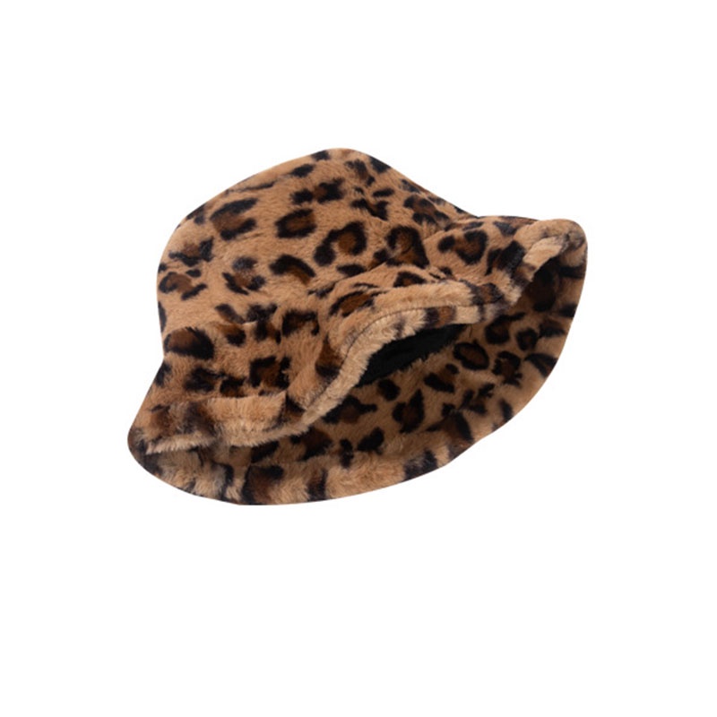 Mũ bucket lông nhung mềm mại hoạ tiết da báo phong cách Retro cho nữ