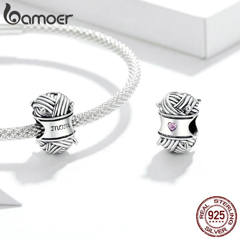 Mặt trang sức bamoer SCC1654 hình cuộn len bằng bạc thật 925 CZ làm vòng tay DIY