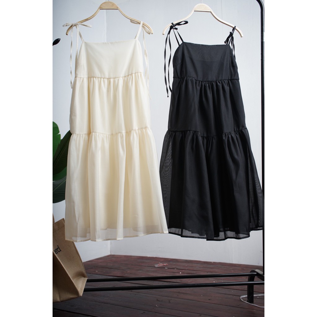 Đầm 2 dây voan tơ buộc vai 2 lớp (đen, be) - Váy 2 dây buộc vai dẽ thương | BigBuy360 - bigbuy360.vn