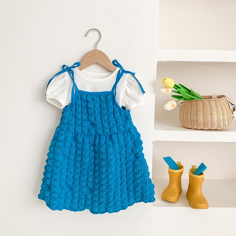 Set Áo Thun Ngắn Tay + Đầm Hai Dây Họa Tiết Caro Thời Trang Mùa Hè Cho Bé Gái 1 Tuổi