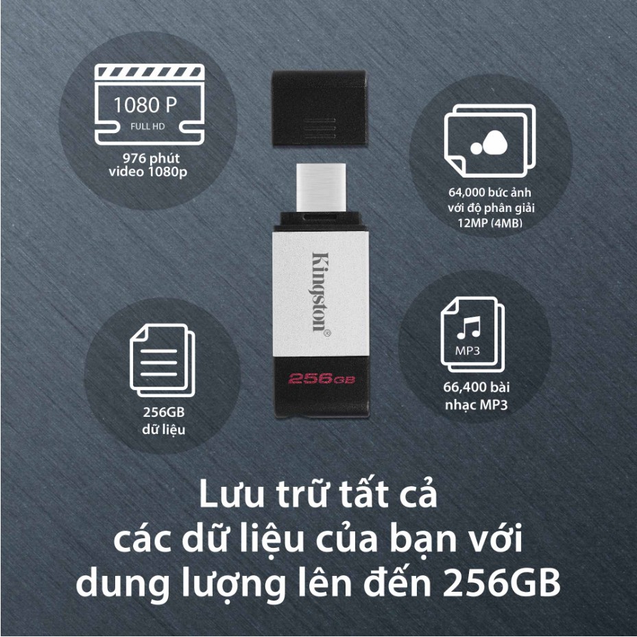 USB-C 3.2 Kingston DataTraveler DT80 128Gb type C tương thích sử dụng cho máy tính xách tay, máy tính bảng và điện thoại | BigBuy360 - bigbuy360.vn