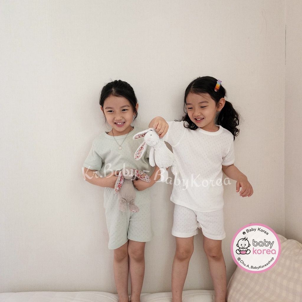 Bộ quần áo cộc cotton xước lỗ trái tim mát mẻ co giãn HEREIAM made in Korea cho bé thời trang trẻ em BABYKOREA