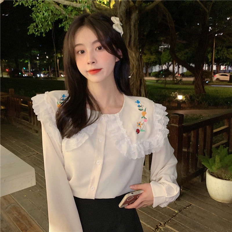 Áo Kiểu Tay Dài Cổ Búp Bê Phối Ren Thêu Họa Tiết Xinh Xắn Cho Nữ