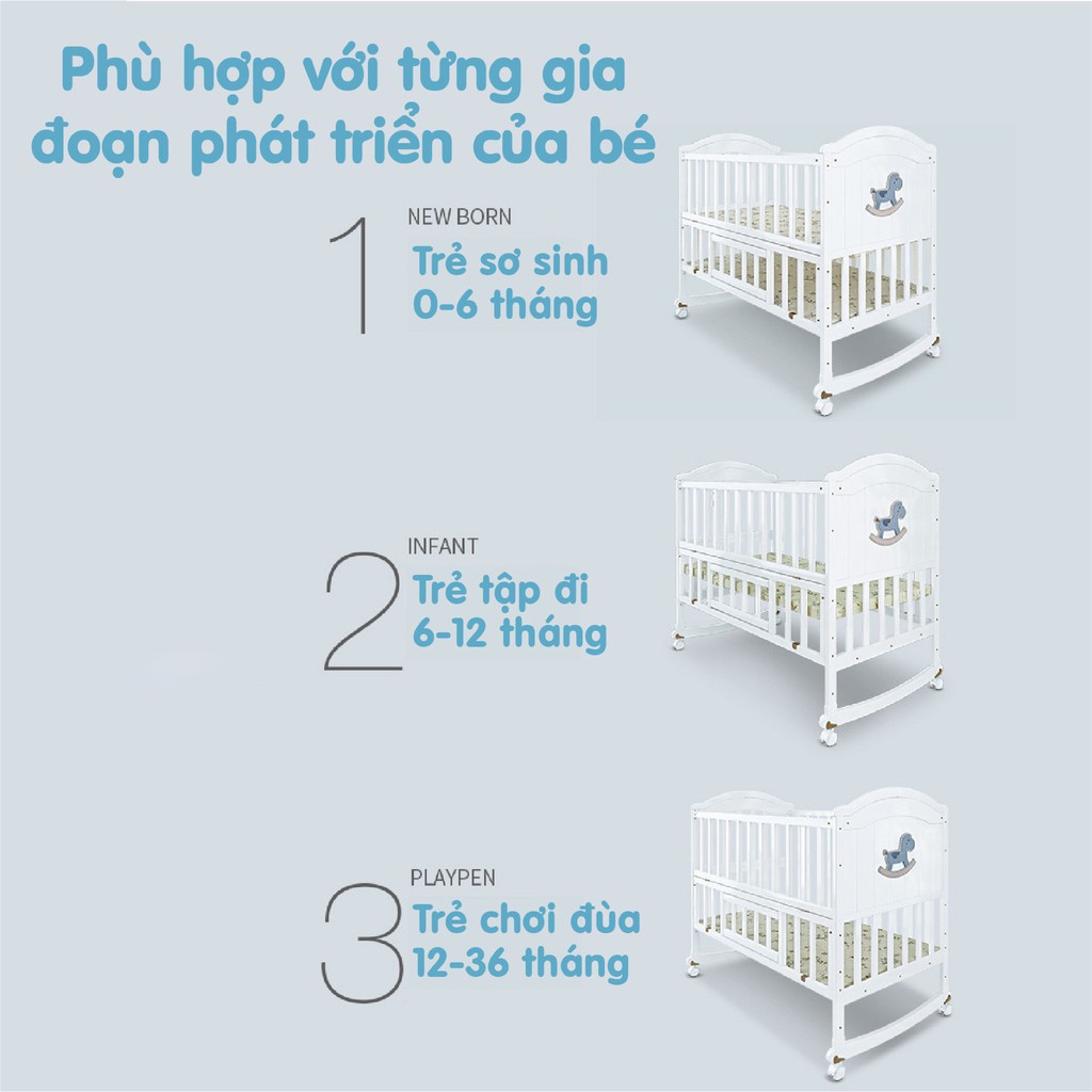 Nôi cũi giường Umoo 2 tầng, cũi gỗ thông 5in1 đa năng cho bé 3 tặng kèm bánh xe và mùng cọc