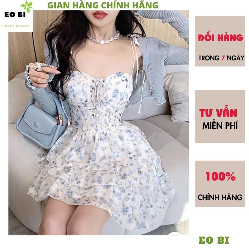 Váy voan hoa 2 dây xòe bồng tặng kèm áo choàng ngoài xám đậm kiểu dáng hàn quốc ulzzang tiểu thư dễ thương