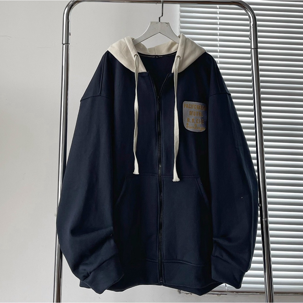 Áo hoodie SANDIEGO vải nỉ xanh phối mũ trắng kiểu dáng unisex