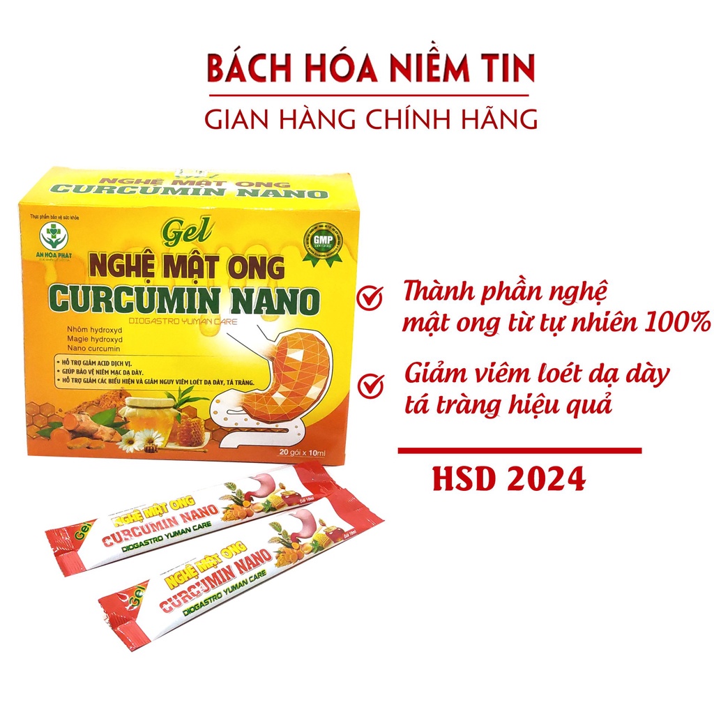 GEL dạ dày NGHỆ MẬT ONG CURCUMIN NANO - giảm acid dịch vị, ợ chua, đầy hơi, trào ngược dạ dày hiệu quả - Hộp 20 gói 10ml