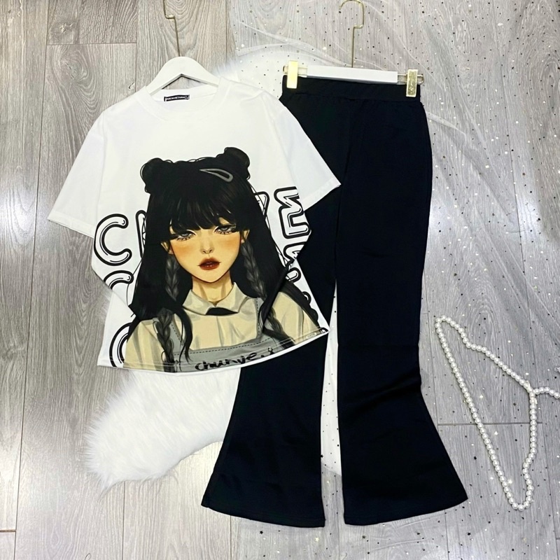 Set áo thun form rộng tay lửng quần ống loe form dày mịn siêu co giãn thoải mái