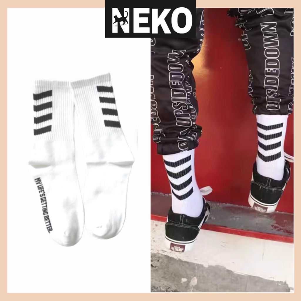 Vớ unisex cao cổ, tất off white trắng đen sọc gót nam nữ NEKO